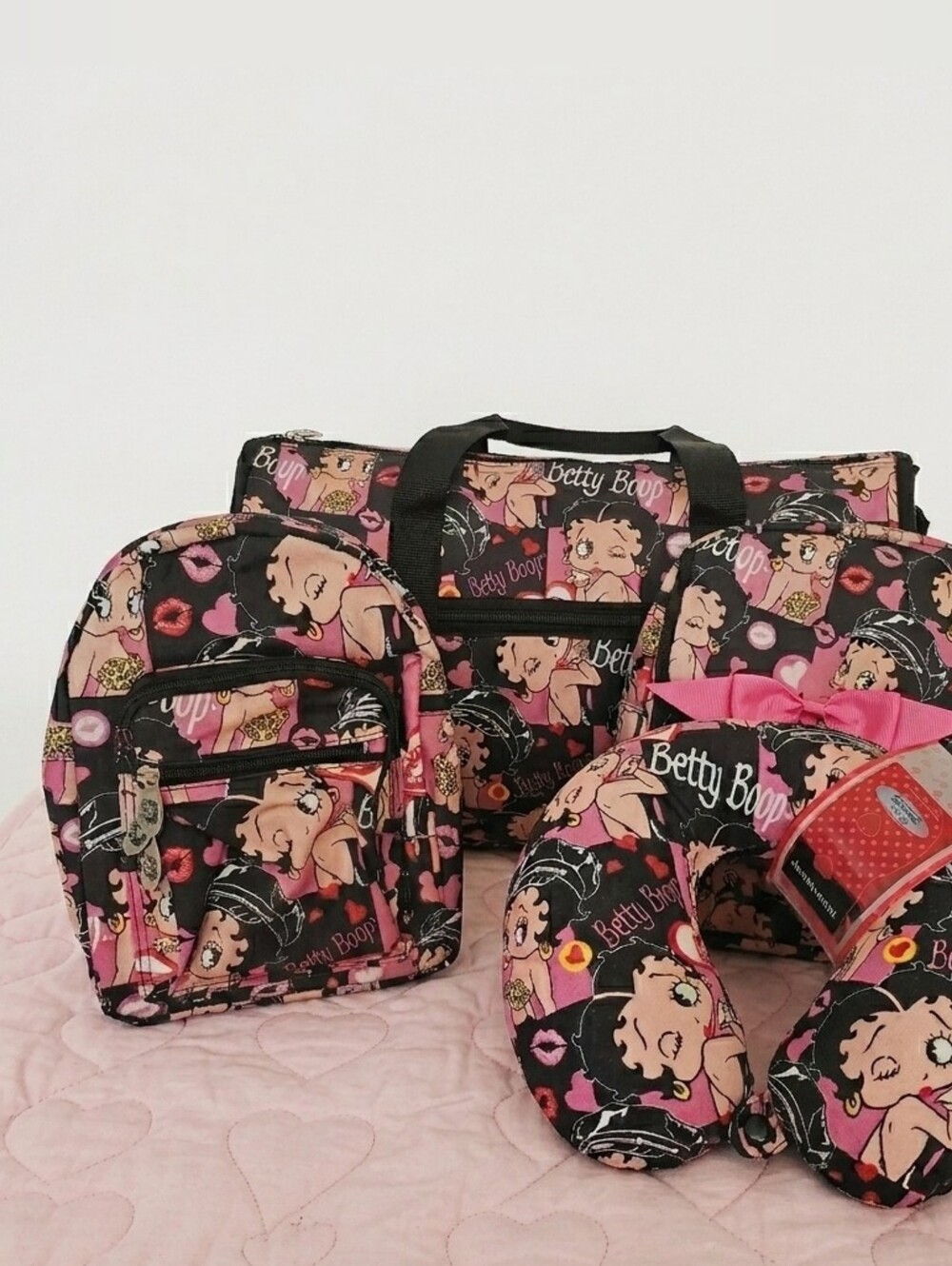 NWT Betty Boop 4-Piece Travel Bundle | 2 Mini Backpacks, Duffle & Neck Pillow